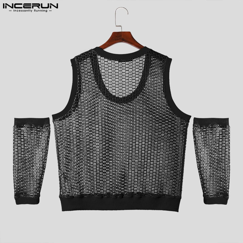 INCERUN Men T Shirt Mesh Transparent Solid Color U-neck Collar Split Short Sleeve Men Clothing Streetwear 2024 Fashion Camisetas