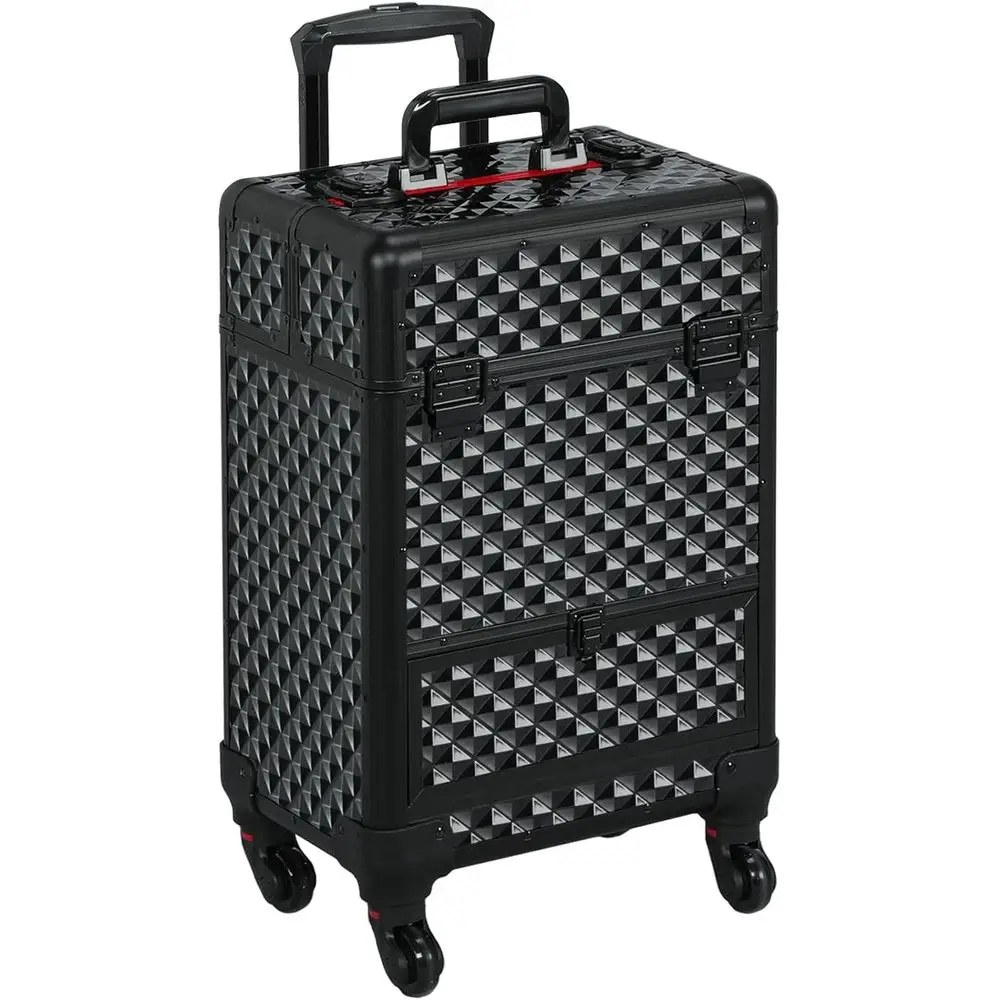 Lockable Rolling Makeup Train Case with Wheels, Sliding Drawers, Removable Dividers, Black/Red
