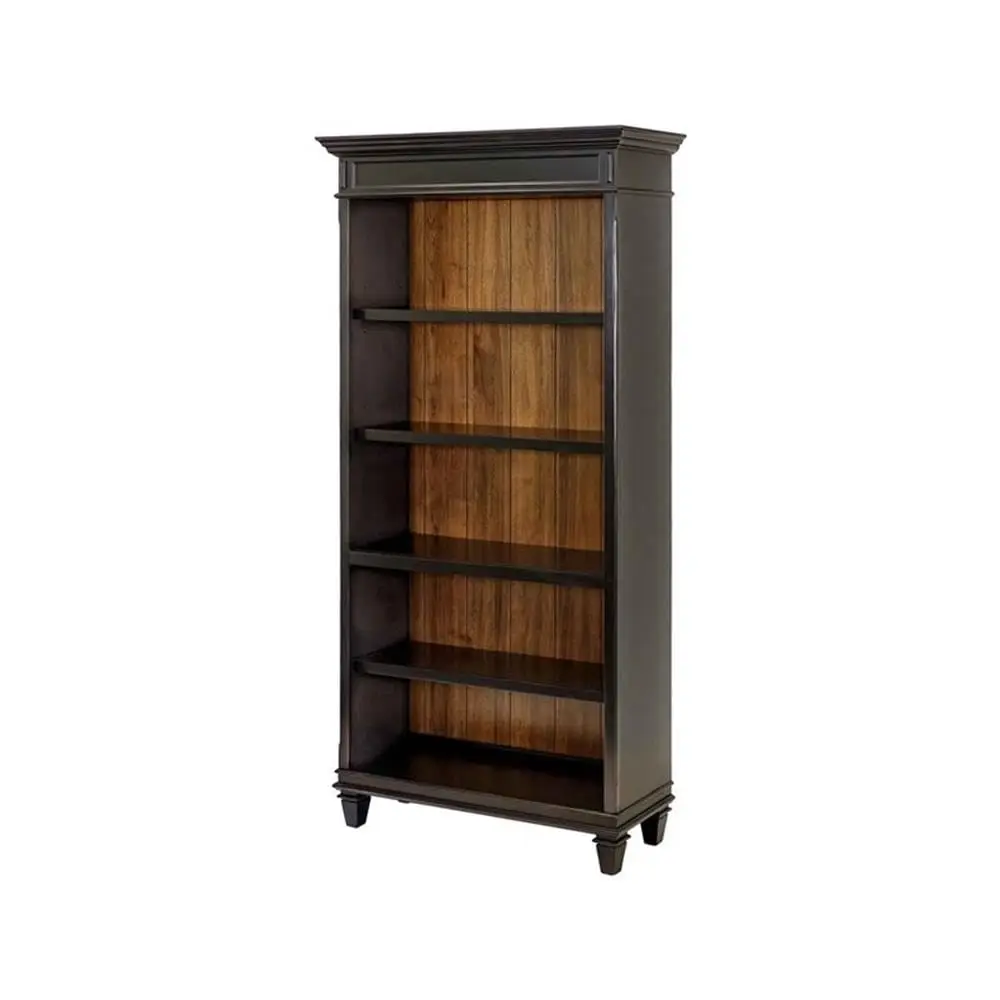Traditional Wood Bookcase, 4 Shelves, Distressed Black Finish, 78