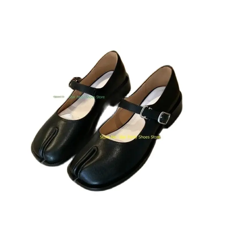 Woman Retro Square Low Heel Pumps Tabi Toe Female Black Leather Buckle Ankle Strap Lady Office Party Shoes