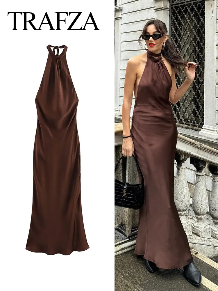 TRAF 2024 Summer New Women Fashion Dress Brown O Neck Sleeveless Loose Long Dresses Woman Chic Sexy Party Long Dress Vestidos