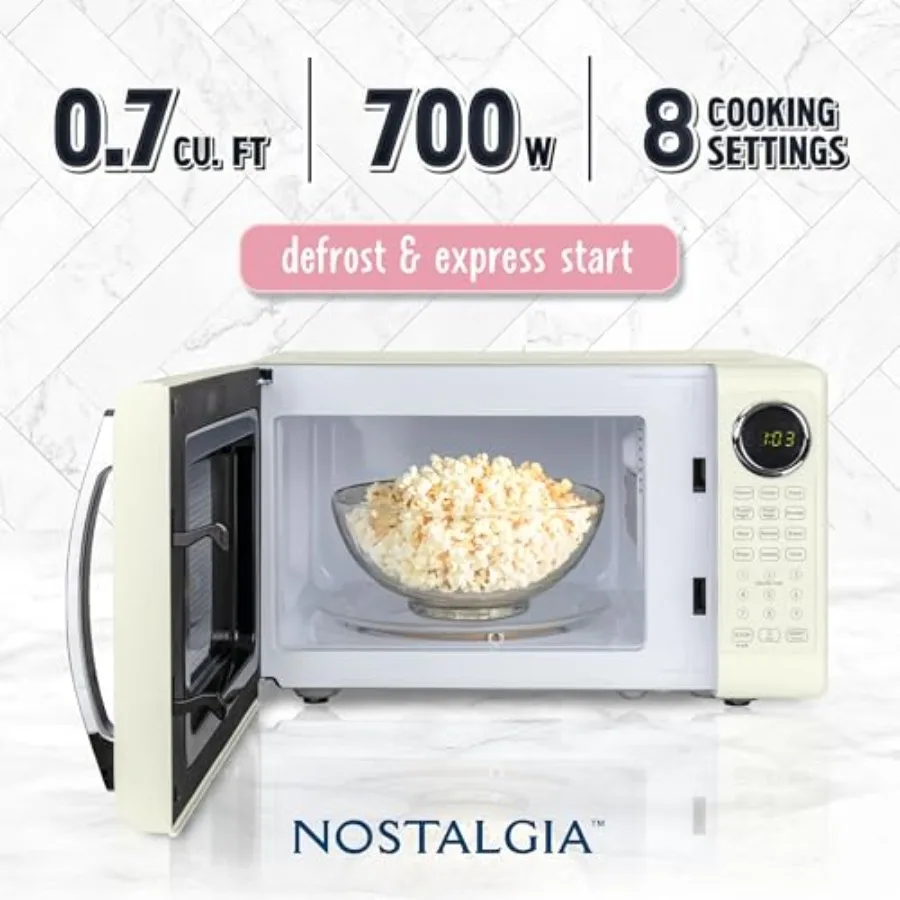 Retro 700W Microwave Oven 0.7 Cu Ft Capacity Child Safety Lock 8 Auto-Cook Settings Square Window Countertop Kitchen Appliance