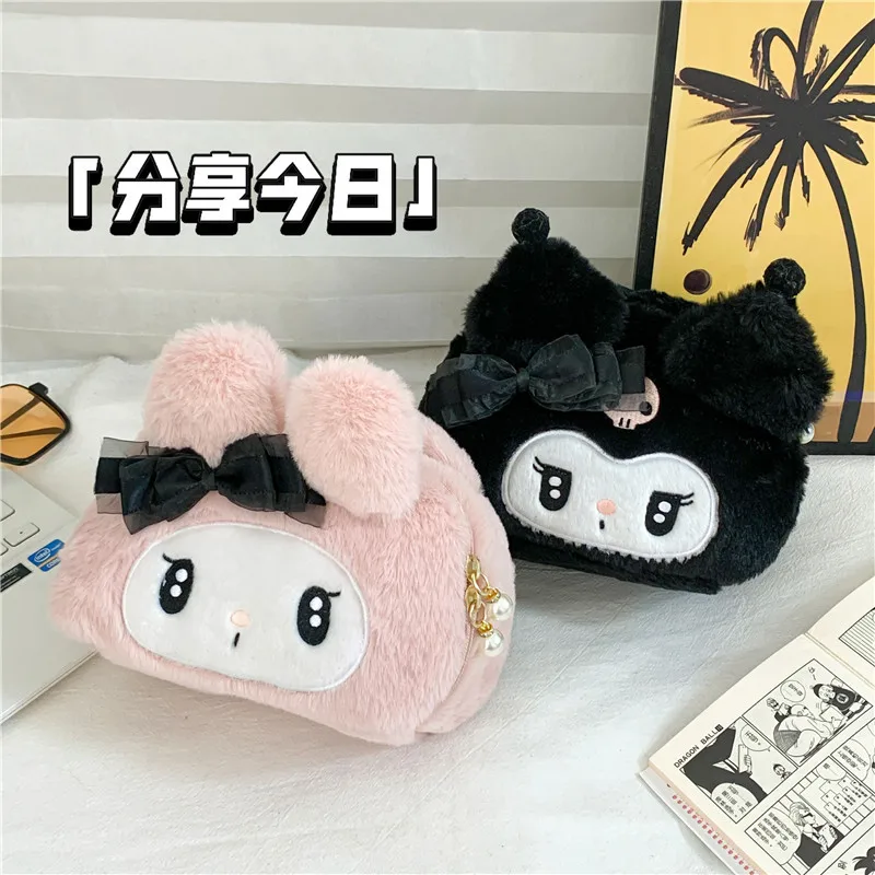 Cute Sanrio Kuromi Plush Makeup Bag Storage Bag Anime Kawaii Cartoon My Melody Student Storage Tote Bag Kids Girls Holiday Gift