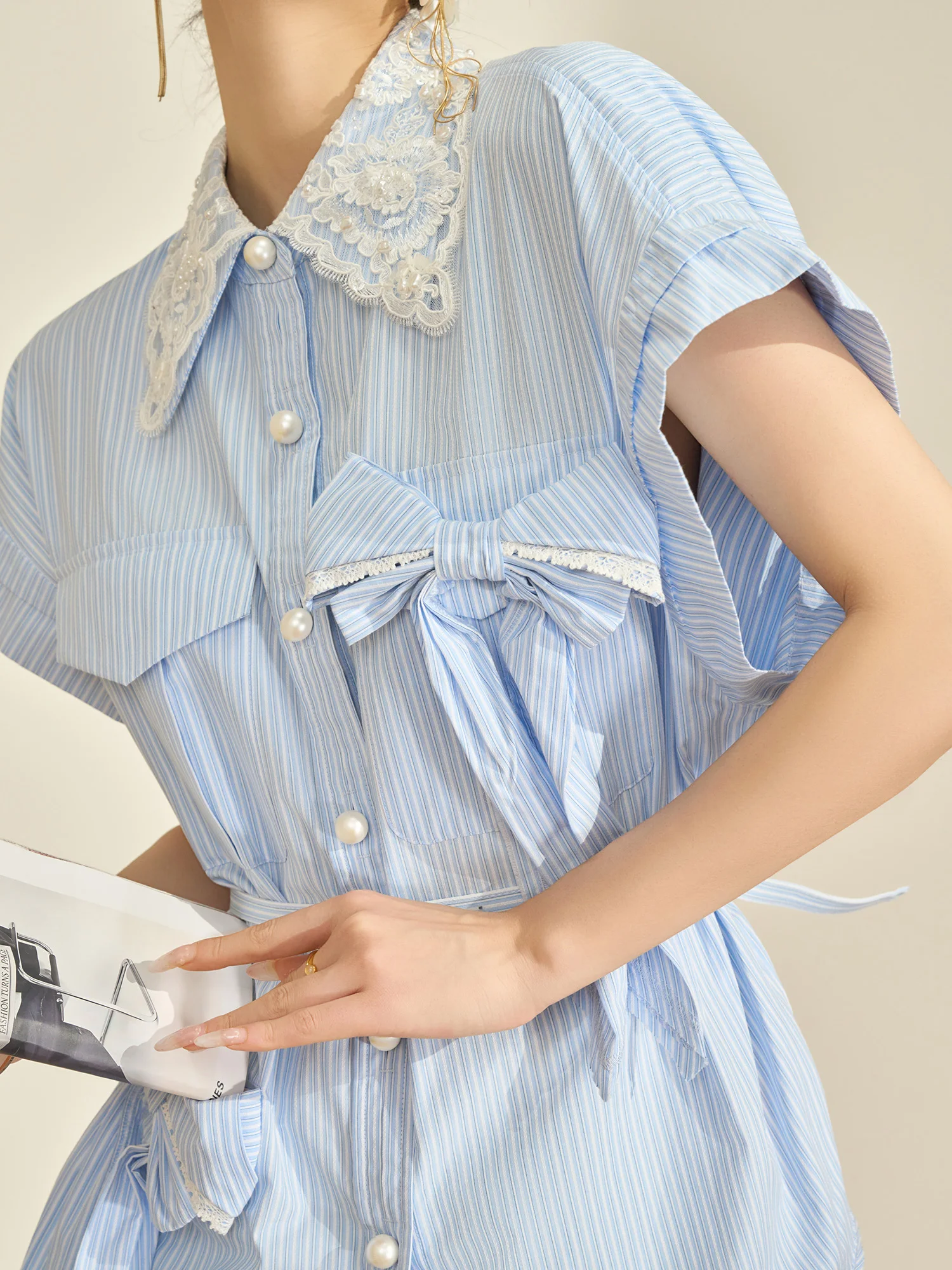 

Blue Striped Lace Knot irt Women's Spring Design Sense Small ence Top Flowing Era Commute Sle Loose Fit