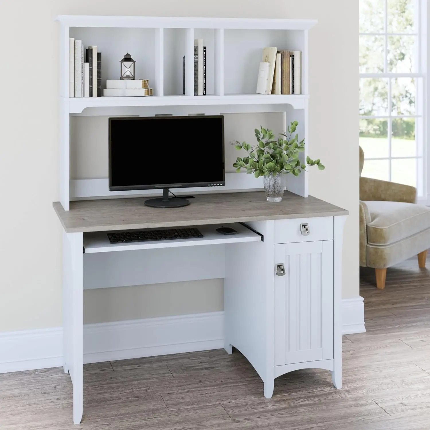 Furniture Salinas Computer Desk with Hutch | Study Table with Drawers, Cabinets & Pullout Keyboard/Laptop Tray