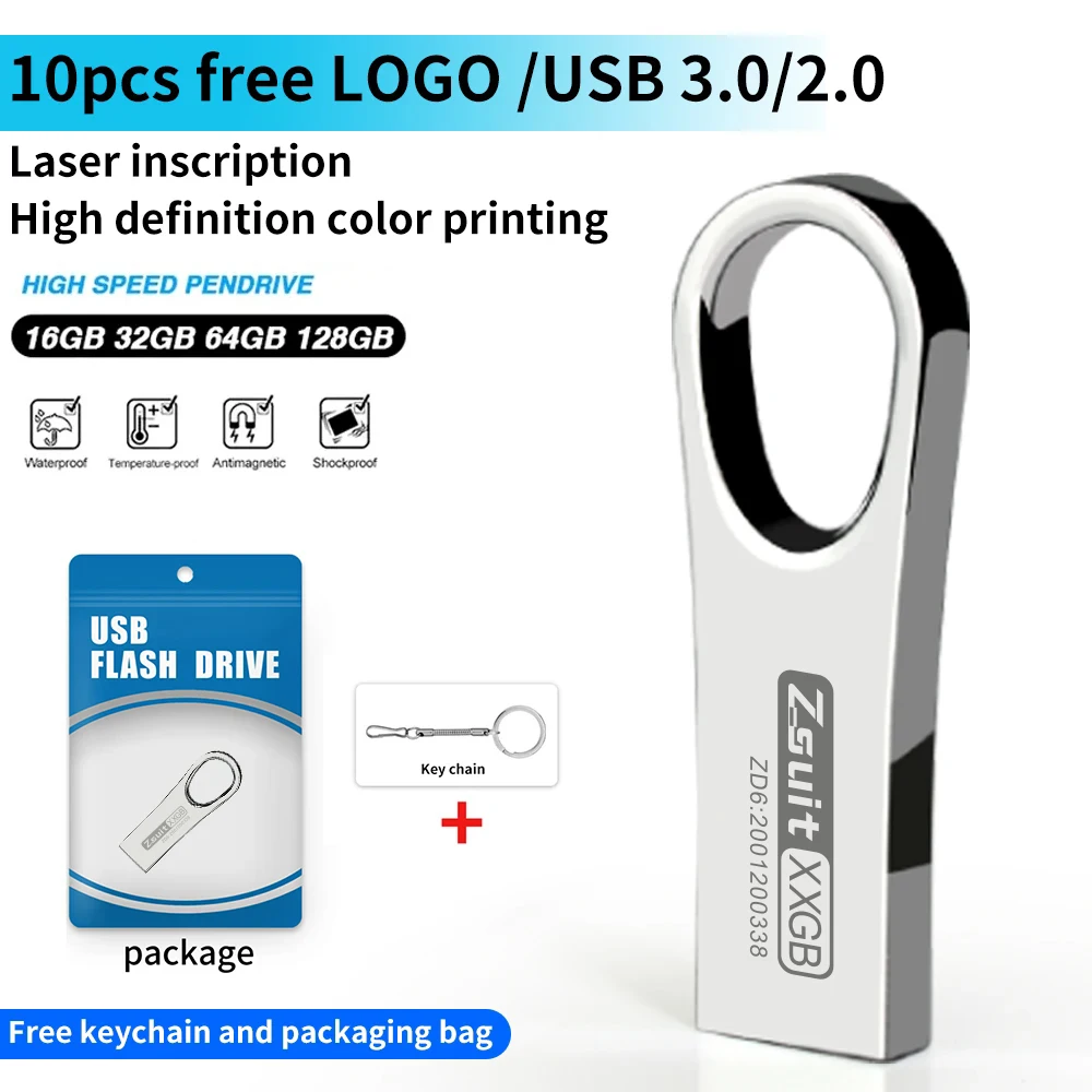 10Pcs/Lot Free Logo USB Flash Drive 4GB 16G 32G Waterproof Pendrive 64gb Memory Stick Real Capacity U-disk Free Chain Pen Drive