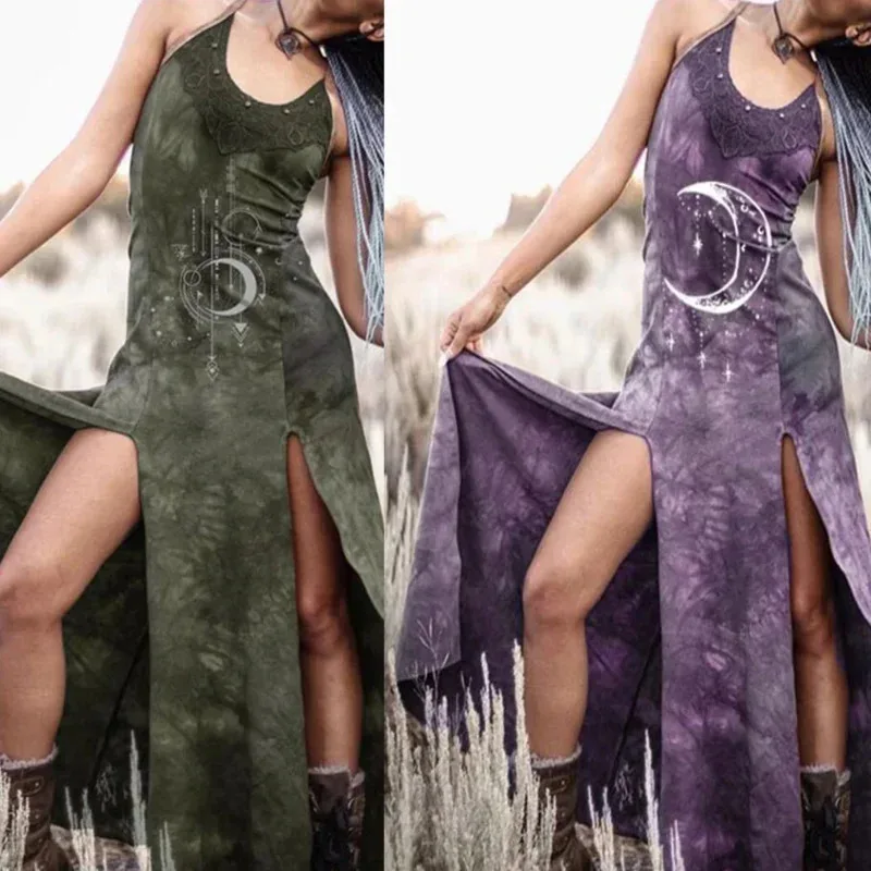 Abito Boho vintage da donna HIippie gotico medievale luna stampa sole scollo all'americana diviso maxi abito estivo costume da strega di loto ZZs;2,