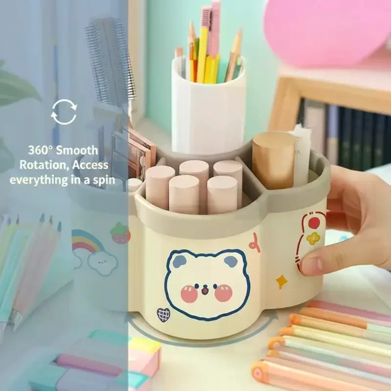 Cartoon Rotating Pen Holder 360° Rotation Large Capacity Cute Stationery Holder Ideal Gift for Primary Middle School Students