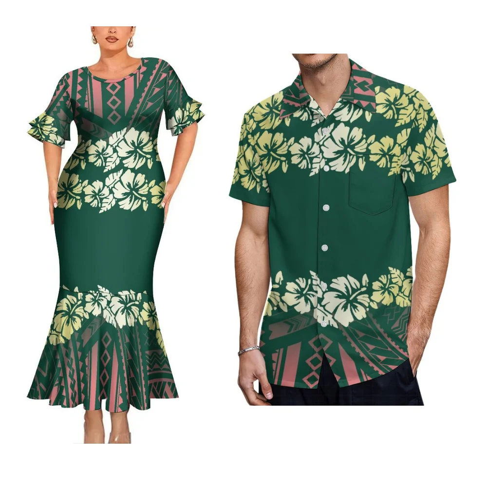 High Quality Polynesian Tribal Vintage Custom Couple Set Women'S Slim-Fit Dress Hawaiian Party Fishtail Dress And Men'S Shirt