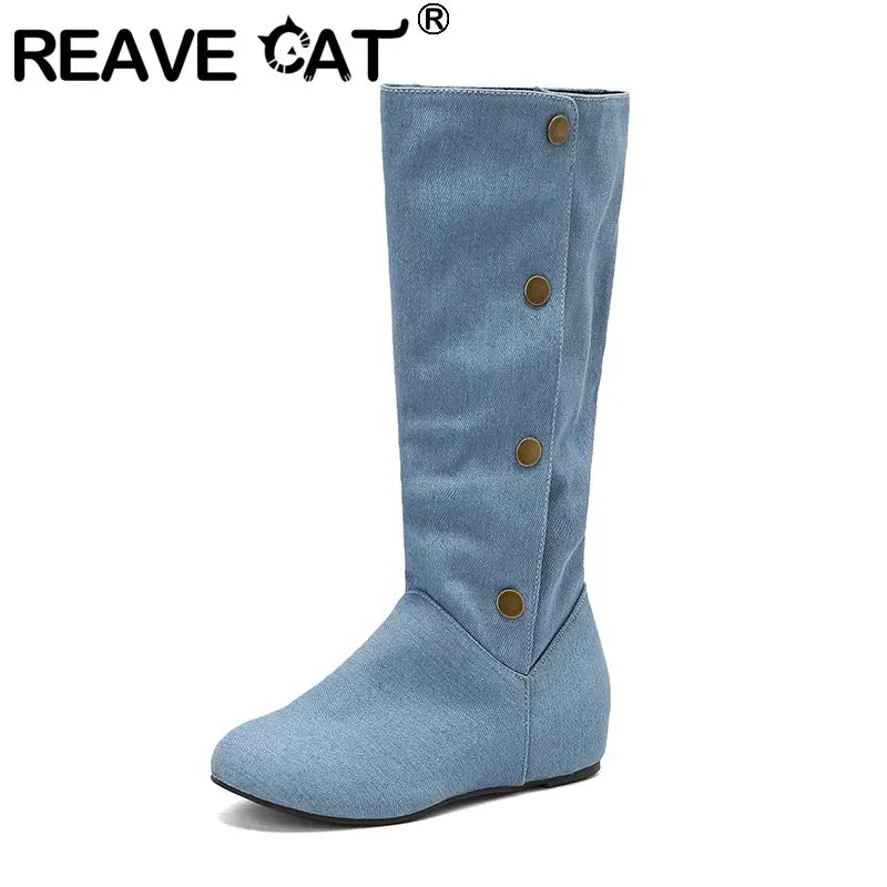 

REAVE CAT 2025 Женские повседневные ботинки до середины икры с круглым носком на танкетке 4 см без шнуровки с металлическими заклепками Большой размер 44 46 47 48 49 50 Белый Желтый
