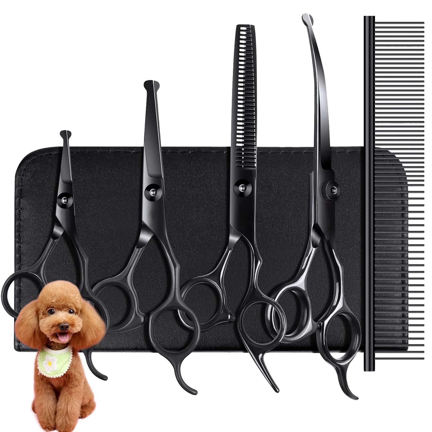 Stainless Steel Pet Grooming Scissors Set for Right Hand Users - 4 Piece Kit with Safety Round Tips for Dogs and Cats