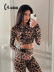 CNYISHE Leopard Printed Basic Casual Suits Sexy Club Women Sets Long Sleeve O Neck Sheath Fashion Female 2 Pieces(Tops+Pants)