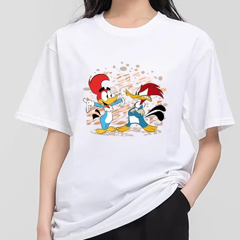 The W-Woody W-Woodpecker Cartoon T Shirt Men Couple Combination Clothes Short Sleeve Collar Fashion T-shirt Women Cotton