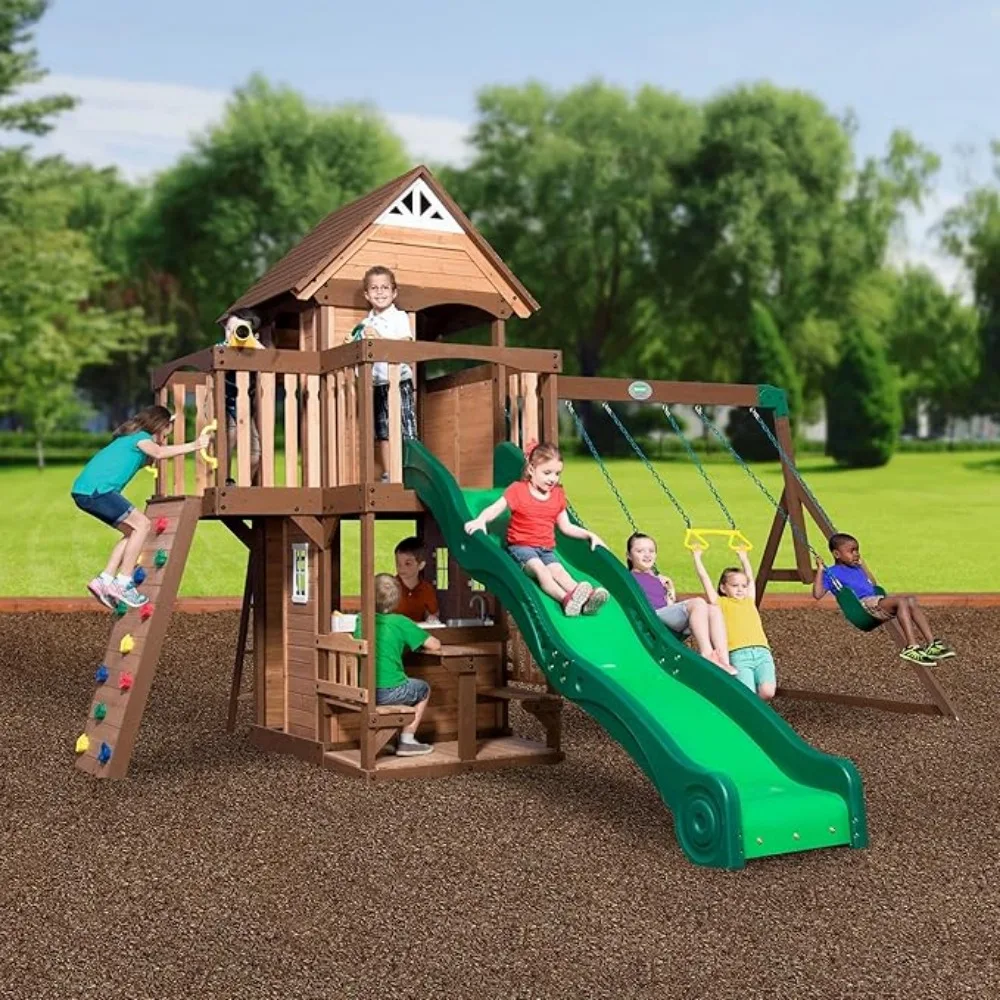 Triumph Mountain Full Cedar Swing Set, Covered Upper Clubhouse, Telescopes, Steering Wheel, Lower Playhouse