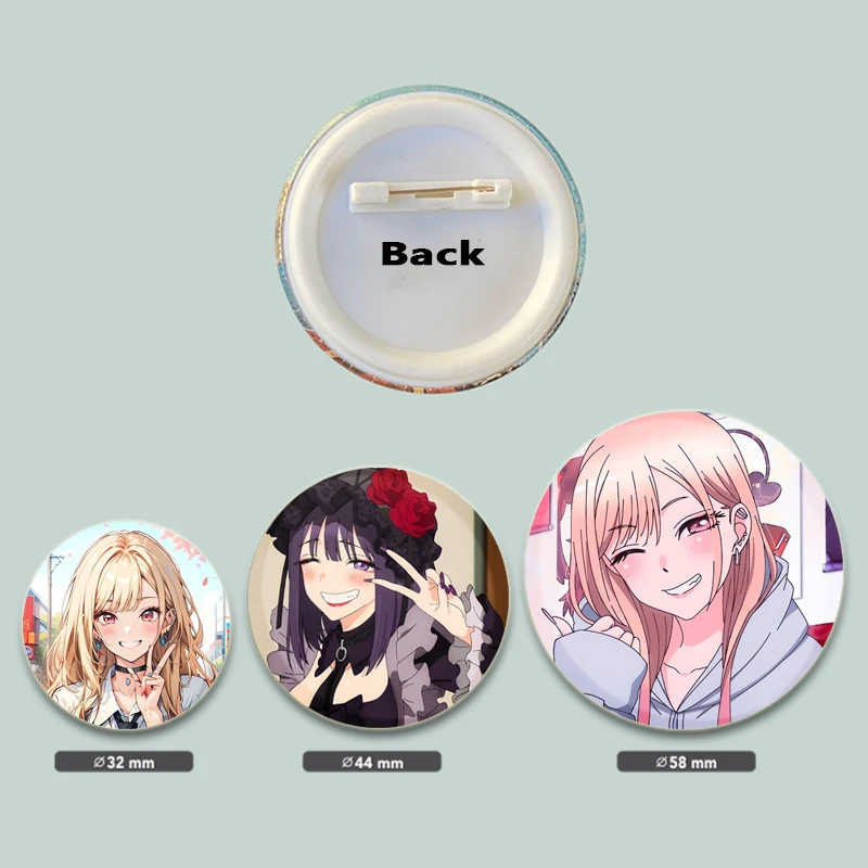 Anime My Dress-Up Darling Round Pins Cartoon Badges Cosplay Handmade Tinplate Brooch on Backpack Clothes Chest Ornament Gifts