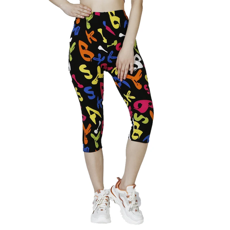 QR30 Colored Letters Summer Printed Pants, Soft and Elastic Casual Sports WOMEN\'S Fitness Capris