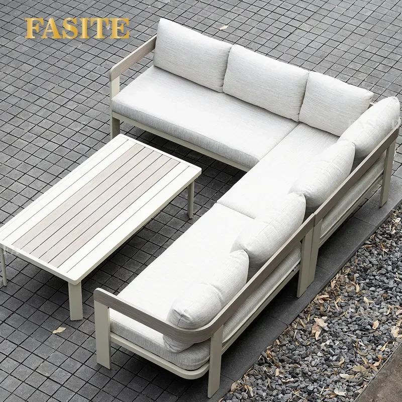 For Outdoor Courtyard Villa Terrace All Aluminum Alloy Wood Grain Corner Sofa Leisure Table And Chair Combination Waterproof