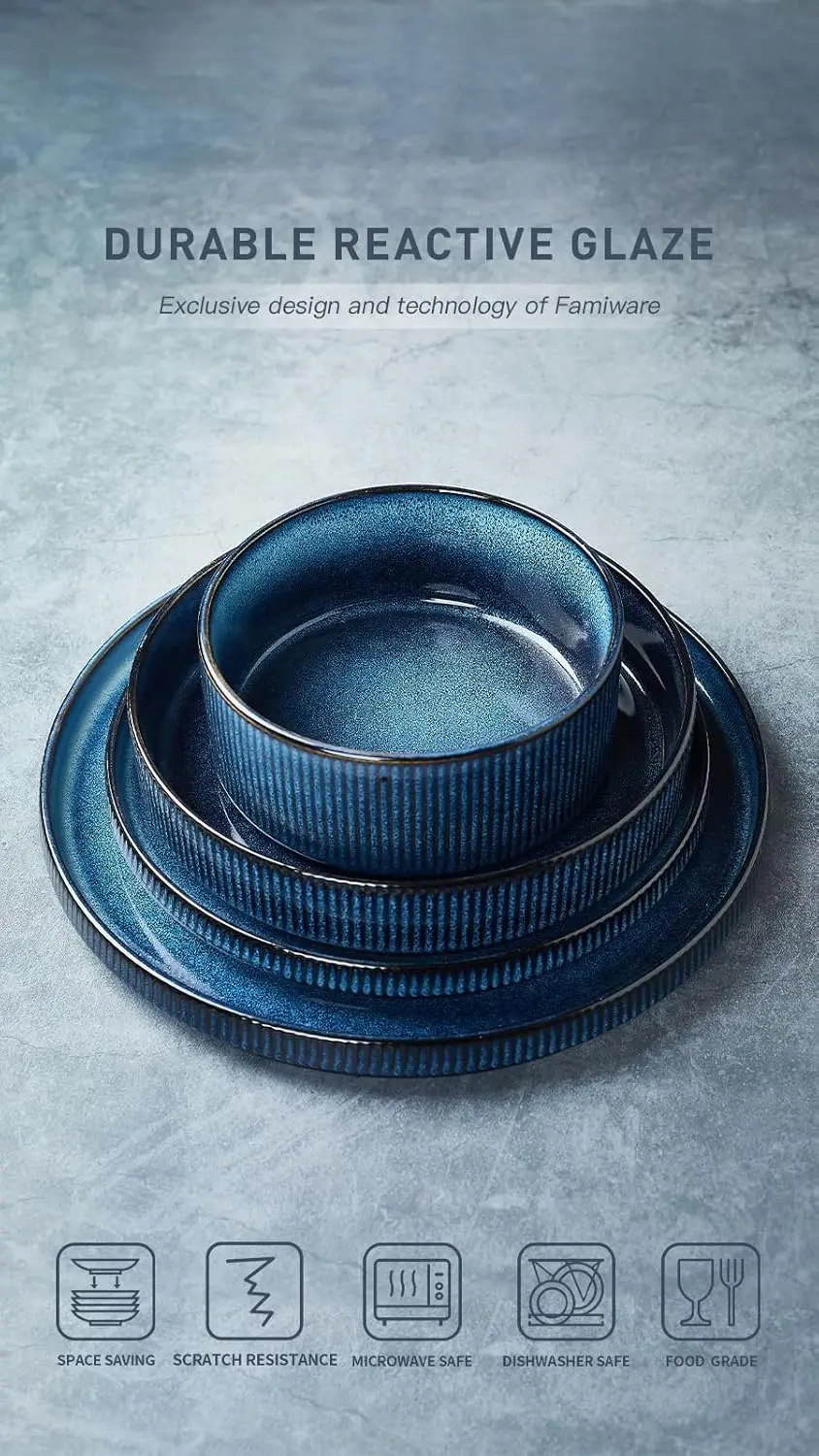 스타 디너웨어 세트 (접시와 그릇 포함), 4인용 (16피스), 석기 주방 식기 디너 세트 - 네뷸라 블루