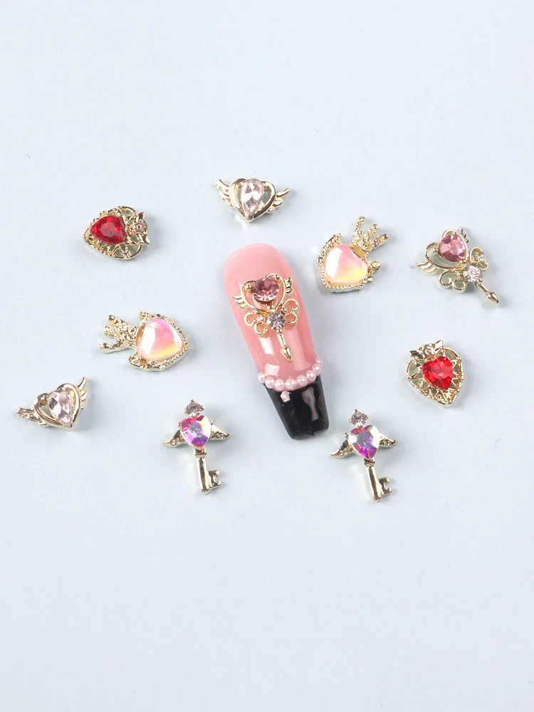 10pcs Mixed Heart Wing Nail Art Golden Jewelry Charms Decorations Crystal Manicure Craft Germs 3D Rhinestones Accessories