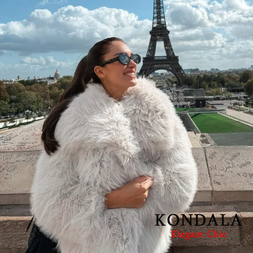 

KONDALA Элегантная куртка из искусственного меха с большими лацканами и карманами, короткое пальто, новинка 2025, осень-зима, модная вечерние, ужин, шикарная женская куртка