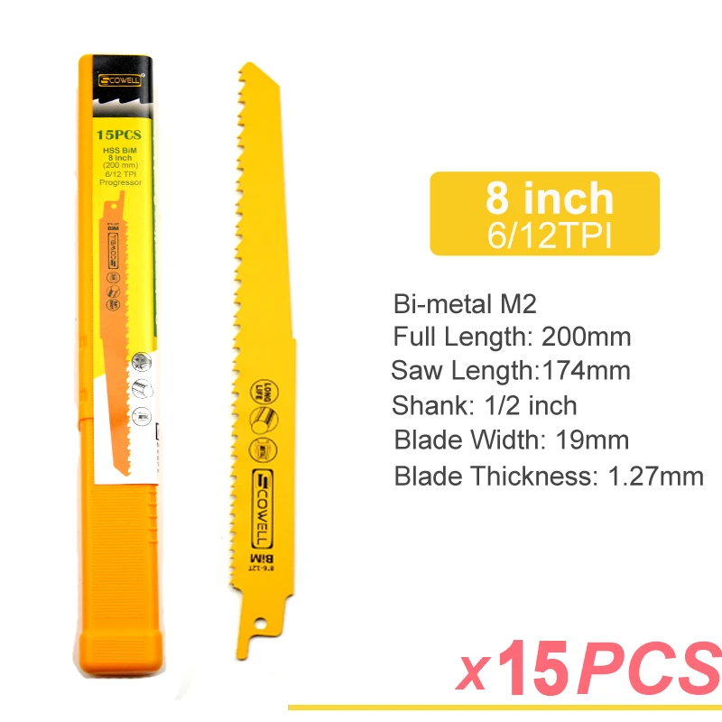 15 embalaje de 8 pulgadas, 6/12TPI, dientes programadores HSS, hojas de sierra de sable alternativas bimetálicas, corte de madera, uñas, tubo de metal, herramientas de bricolaje S3456XF