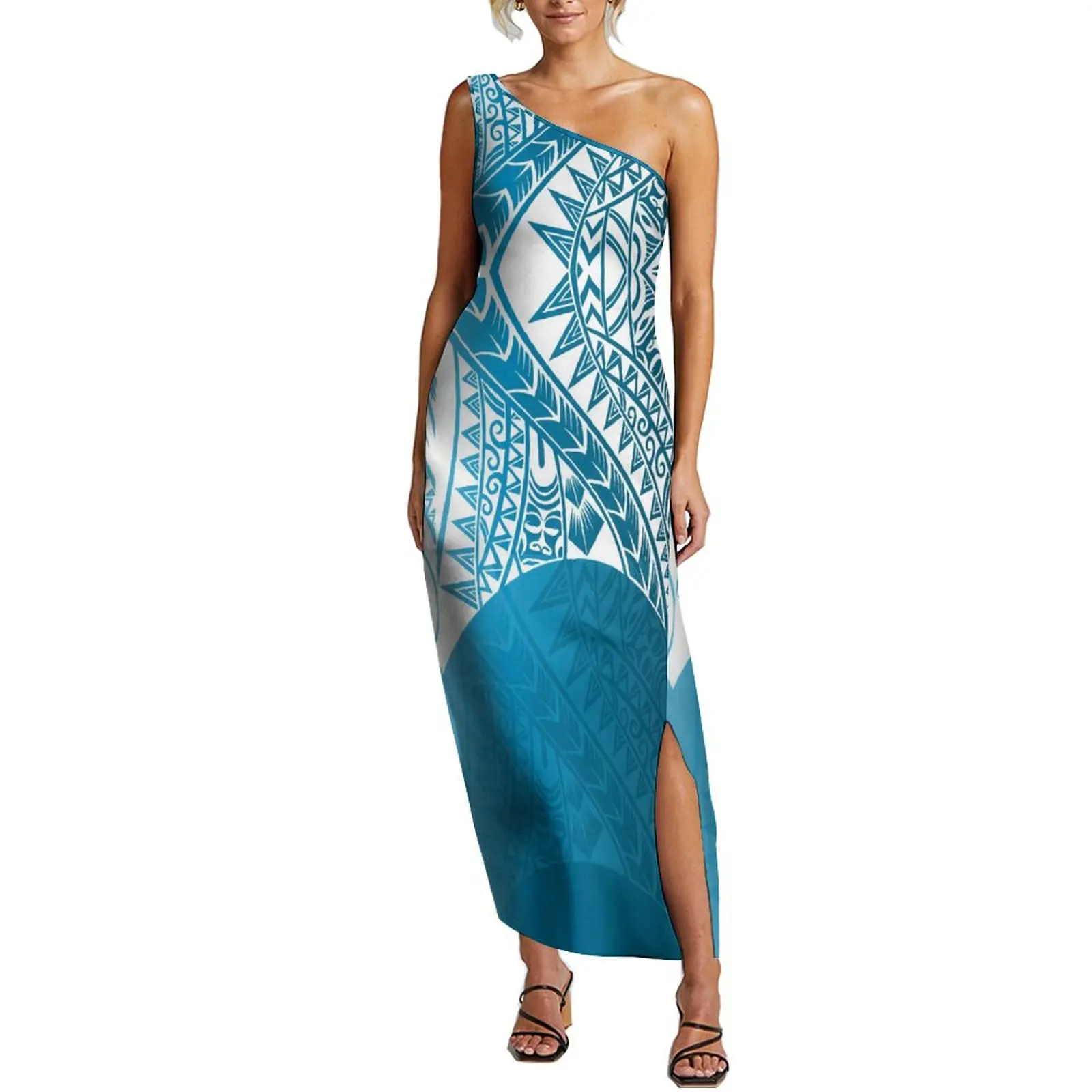 Summer Women'S Off-The-Shoulder Dress Polynesian Tribal Floral Split Women'S Evening Gown Support Design