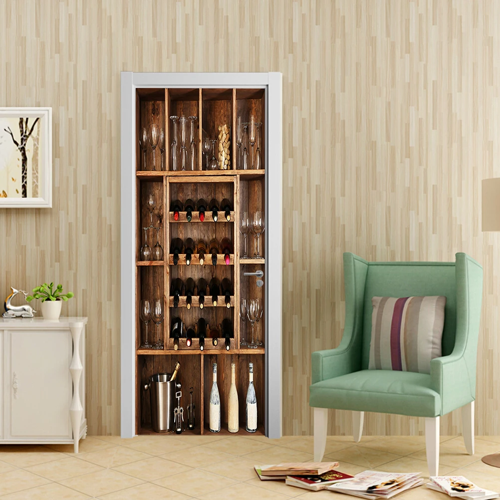 

1 set 3D Faux Door Decal Pvc Wall Wine Cabinet Pattern Waterproof Reusable Tile Decal For Home niture Background Wall Sticker