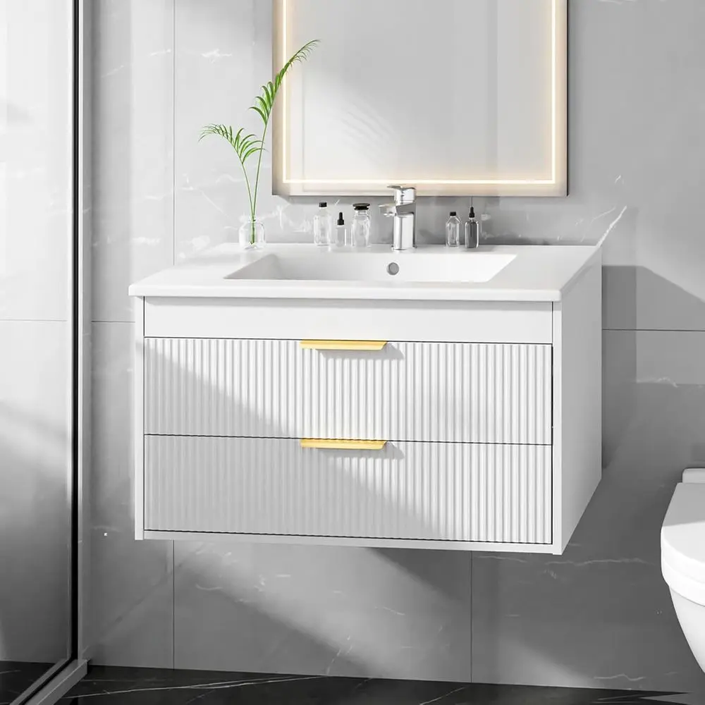 

30 Wall-Mounted Floating Vanity Cabinet with Ceramic Sink, LED Sensor Light, Metal Handles, Ideal for Small Spaces