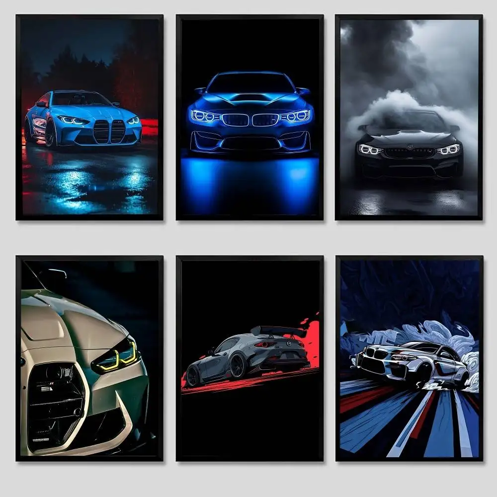 Blue Red Car COOL B-Bmwes Poster, selbstklebende Poster, wasserfester Papieraufkleber, Kaffeehaus, Bar, Heimdekoration