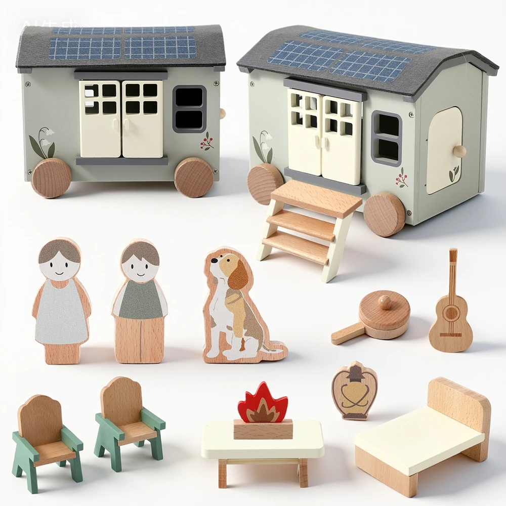 나무 캠핑 차량 장난감 세트 아기 몬테소리 장난감 만화 블록 장면 배치 놀이집 게임 어린이 선물