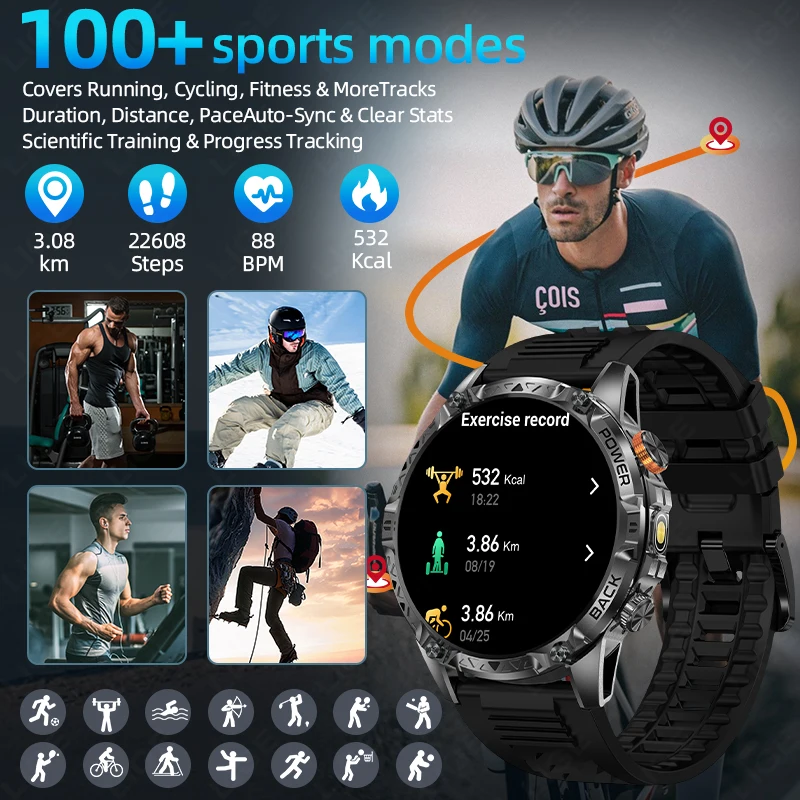 Military Grade Outdoor Smart Watch Men 2026 Sport Fitness Tracker 1000mah Watch Waterproof Flashlight Bluetooth Call Smartwatch