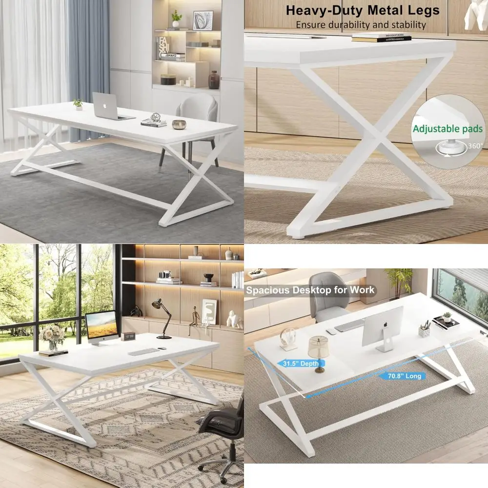 مكتب كمبيوتر أبيض كبير حديث للمكتب المنزلي، تصميم خشبي ومعادن، مناسب لإعدادات الشاشات المزدوجة #1