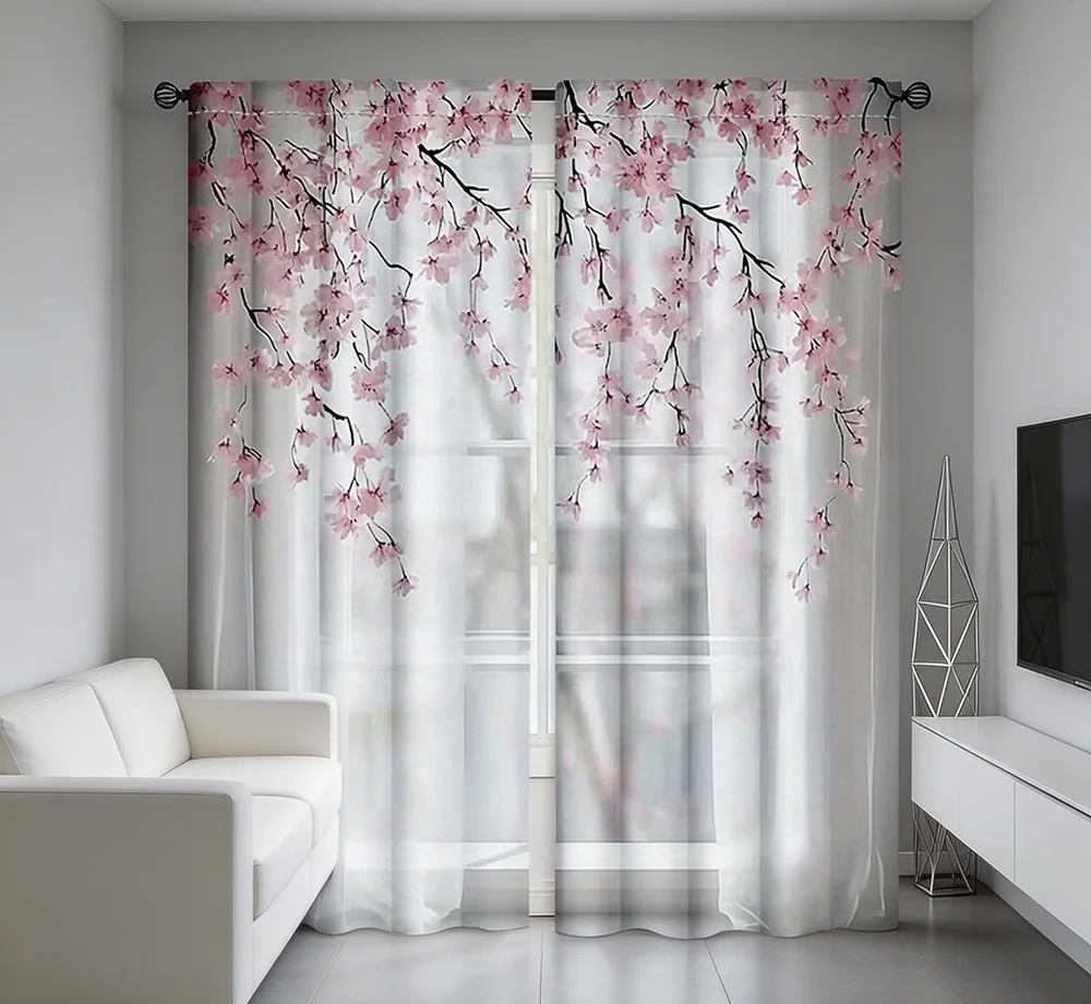 2PCS Digital Printed Curtains, Cherry Blossom Sakura Japanese Elegant, Rod Pocket Window Drapes for Living Room Bedroom Decor