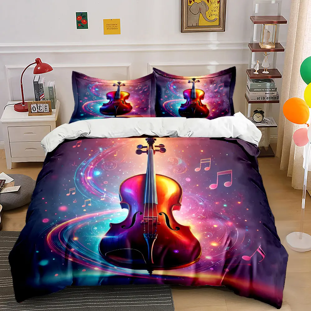 Magical Vibrant Violin with Notes Bedding Set for Kids Luxury Gift 3pcs Digital Print Comforter Set Soft Comfortable Breathable