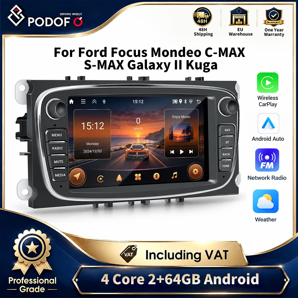 Podofo 7'' Android 13 Auto-Multimedia-Player für Ford Focus II S-Max Mondeo Galaxy II C-Max mit GPS WiFi Bluetooth FM-Radio Kabelloses CarPlay Auto Mirror Link