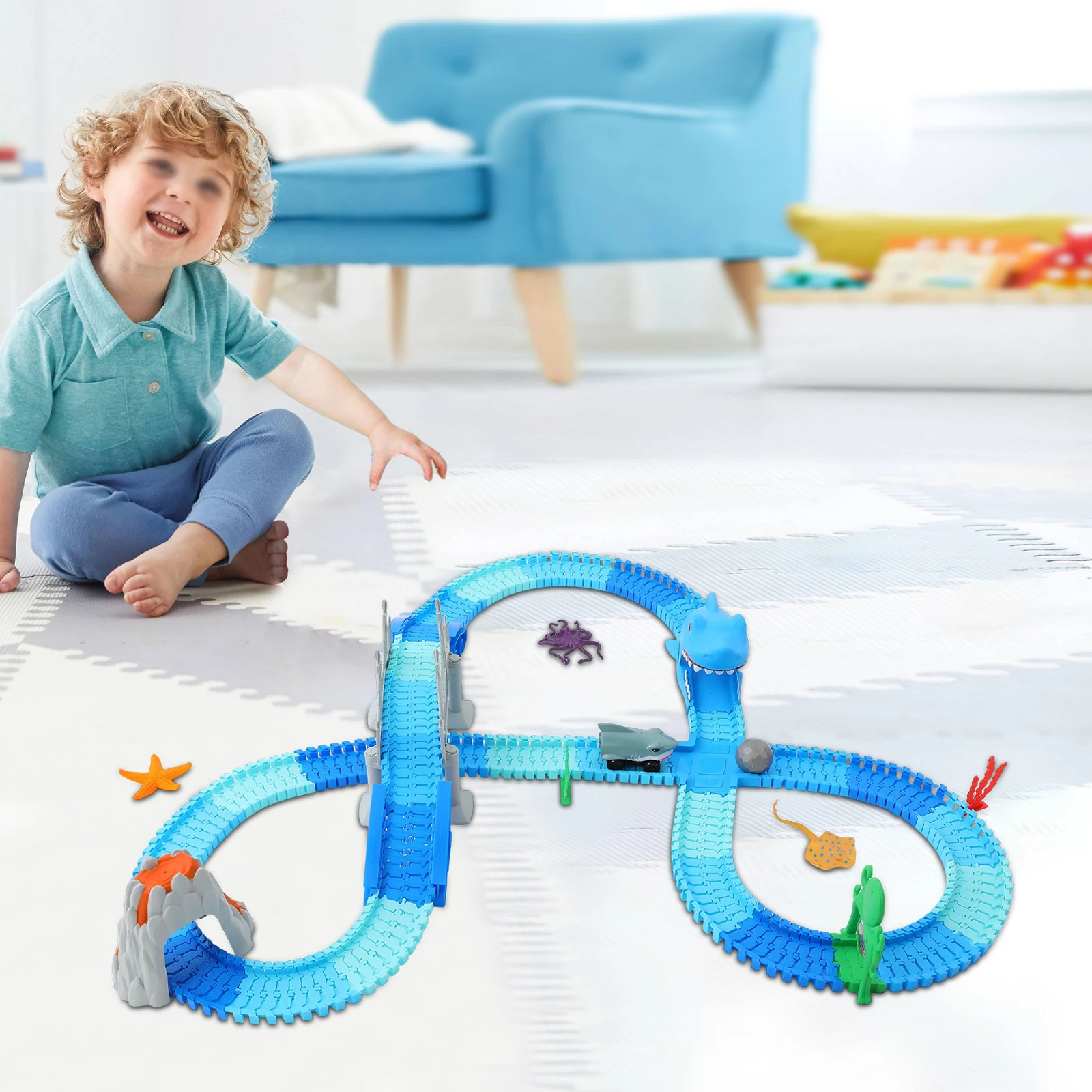 

Track Toys 264 PCS Shark Race Car Toys Ocean Theme Shark Race DIY Track Toy Assembly Toy for Kid