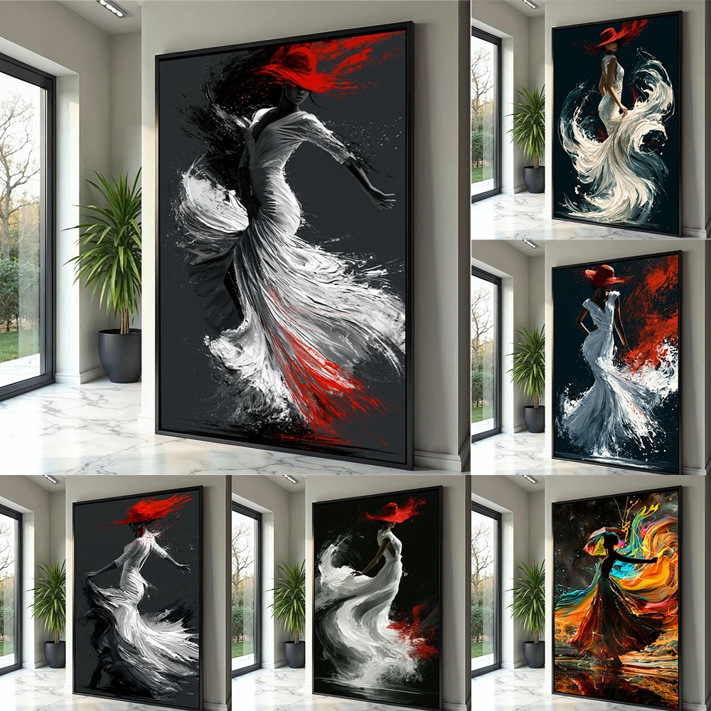 Woman Flowing White Dress Red Hat Abstract Canvas Painting Dynamic Movement Canvas Painting Abstract Woman Canvas Poster