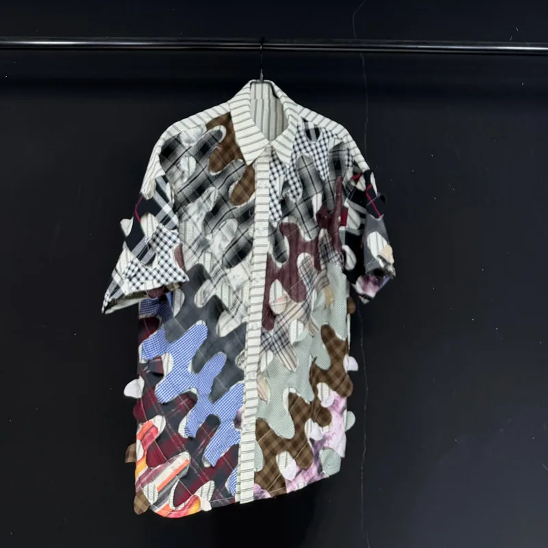 WVGA Spring Summer New Men's Patchwork Short Sleeved Patterned Printed Shirts Trendy Loose Fit Niche Chic Casual Tops Ins W24808