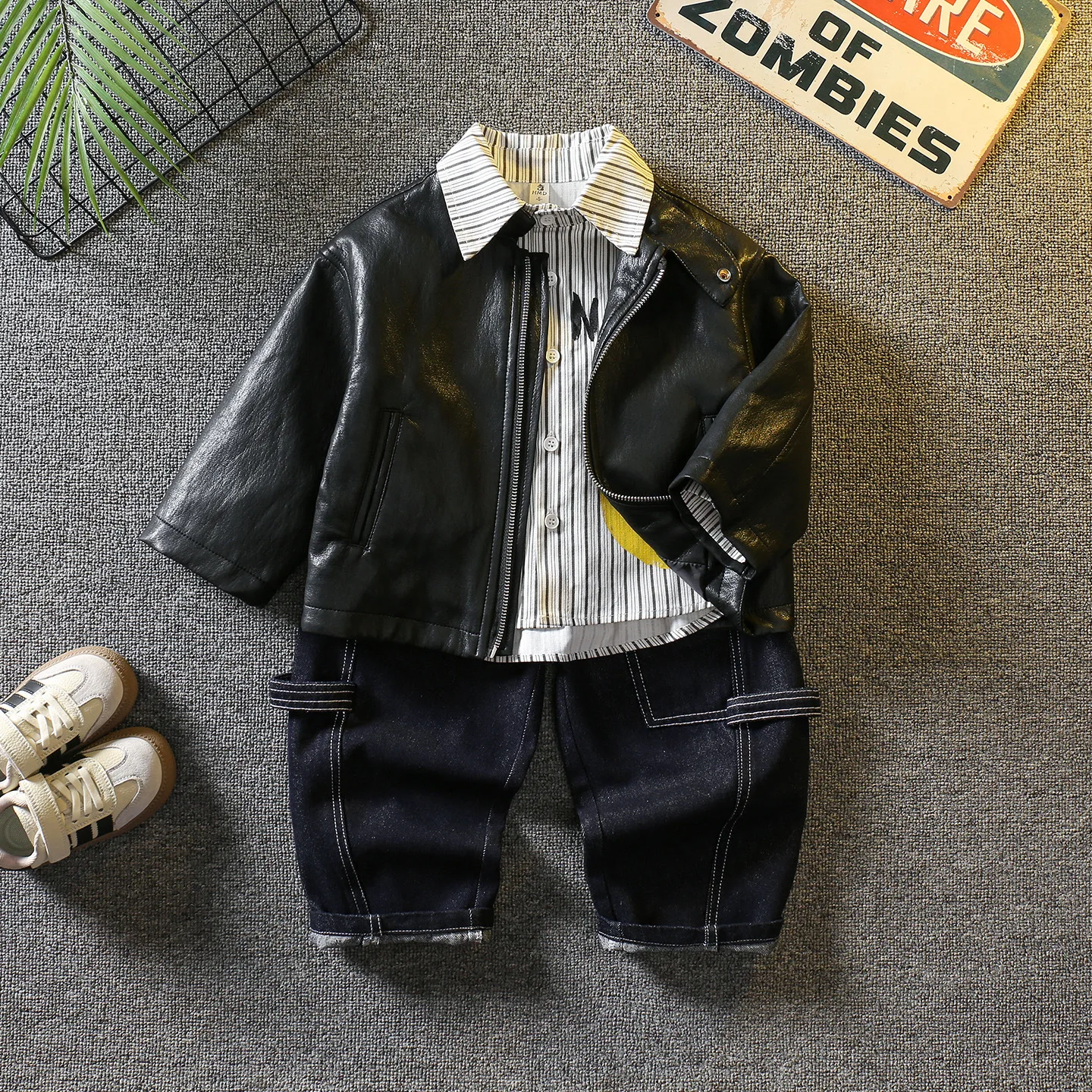 Spring Autumn Outfit High Quality Children's Handsome Set Spring Autumn Boys PU Leather Coat+Shirt+Jeans 3pcs Suit 2-10 Years