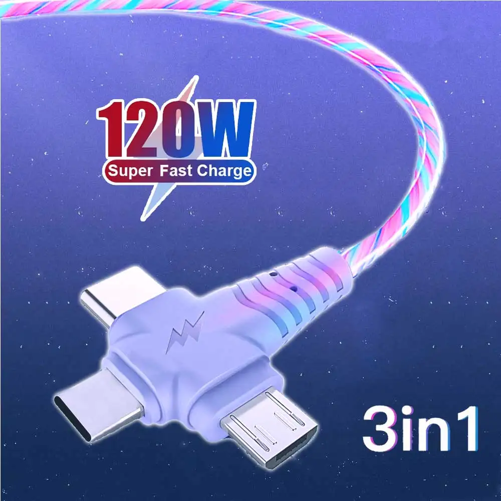 MVQF-Cable de carga 3 en 1 6A, Cable de datos que fluye, línea de carga rápida, Conector Micro USB tipo C para Samsung, Xiaomi, Huawei para iPhone