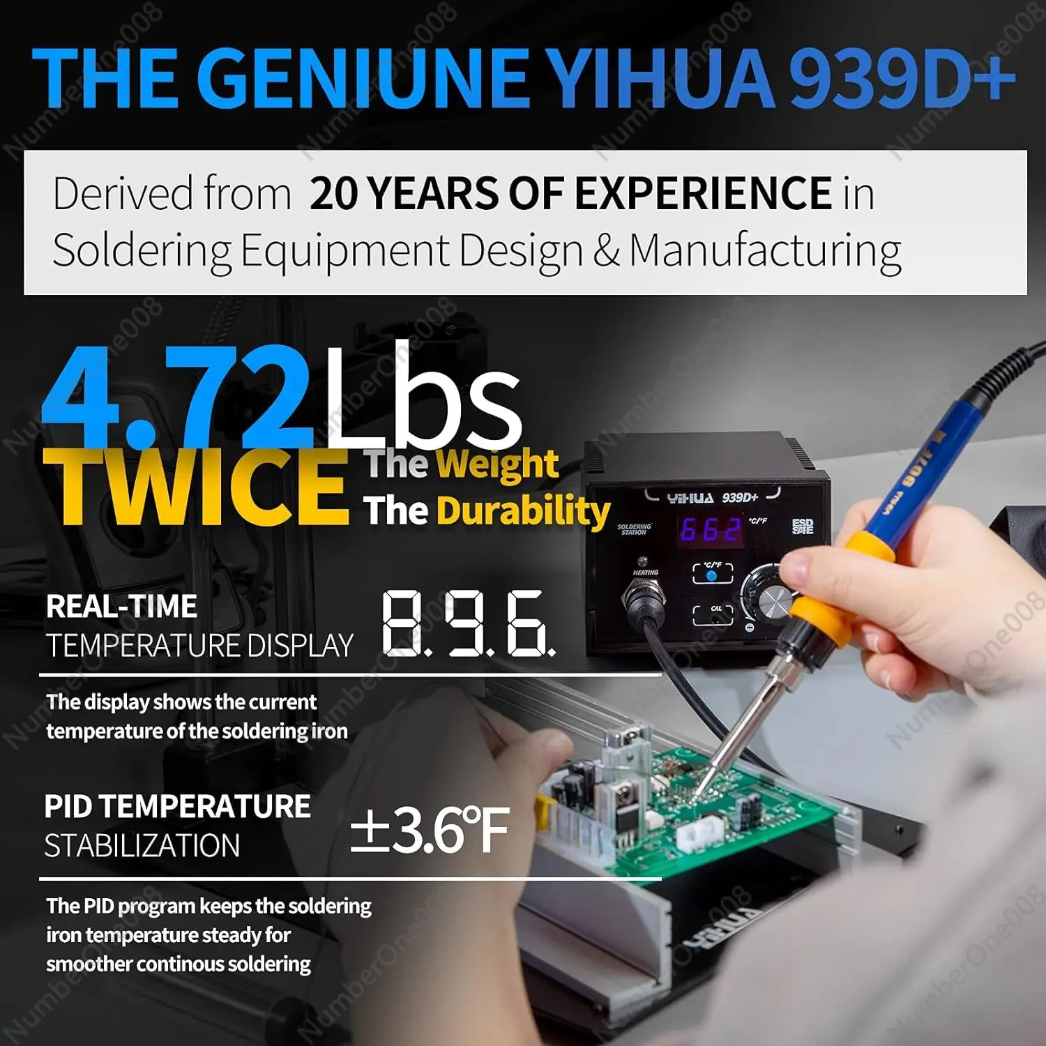 YIHUA 939D+ Digital Soldering Station, 75W Equivalent with Precision Heat Control (392°F to 896°F) and Built-in Transformer.