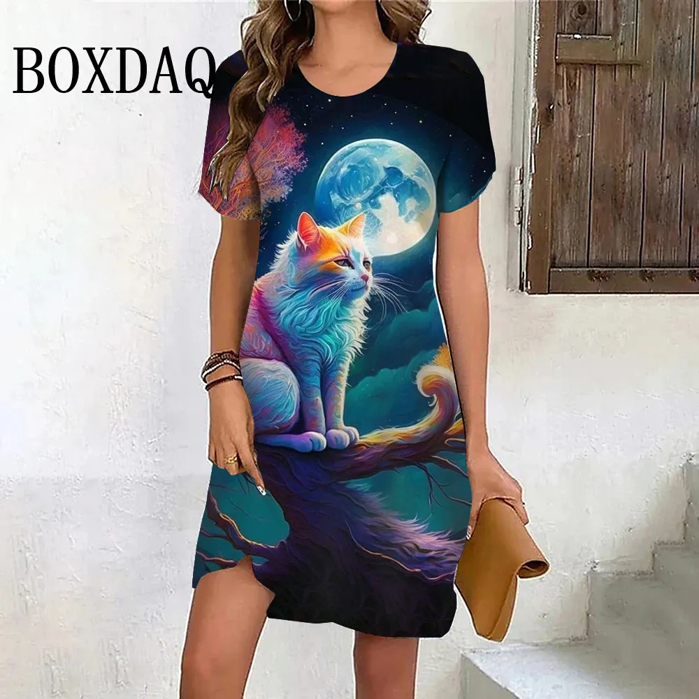 Gradient Cute Colorful Cat Women's Dress Summer Short Sleeve Ladies New Kawaii Dress Casual Scenery Print A-Line Mini Dress 2024