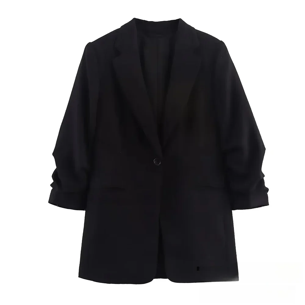KONDALA Schwarzer Damen-Blazer mit einem Knopf und plissierten Ärmeln, Blazer, Neu, 2025, Herbst-Winter-Mode, Pendeln, Interview, lässiger Blazer