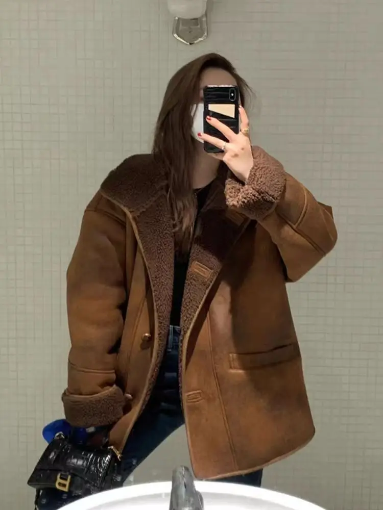 معطف نسائي دافئ من فراء الخروف من Thiened معطف دراجة نارية متوسط الطول شتوي جديد من الجلد الصناعي معطف طويل Sve