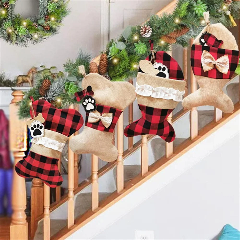 Plaid Christmas Stocking For Pet Buffalo Plaid Black And Red Checker Dog Bone Fish Shape For Puppy Kitty Cat With Bow - Image 2