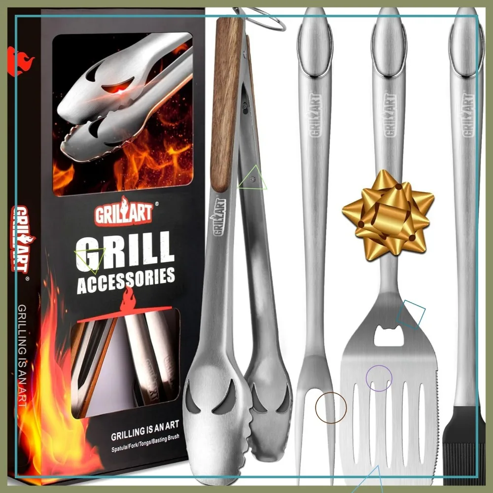 

18-Inch BBQ Grill Tools Set with Tongs, Spatula, Fork & Brush - Stainless Steel Grilling Accessories for Men & Dads