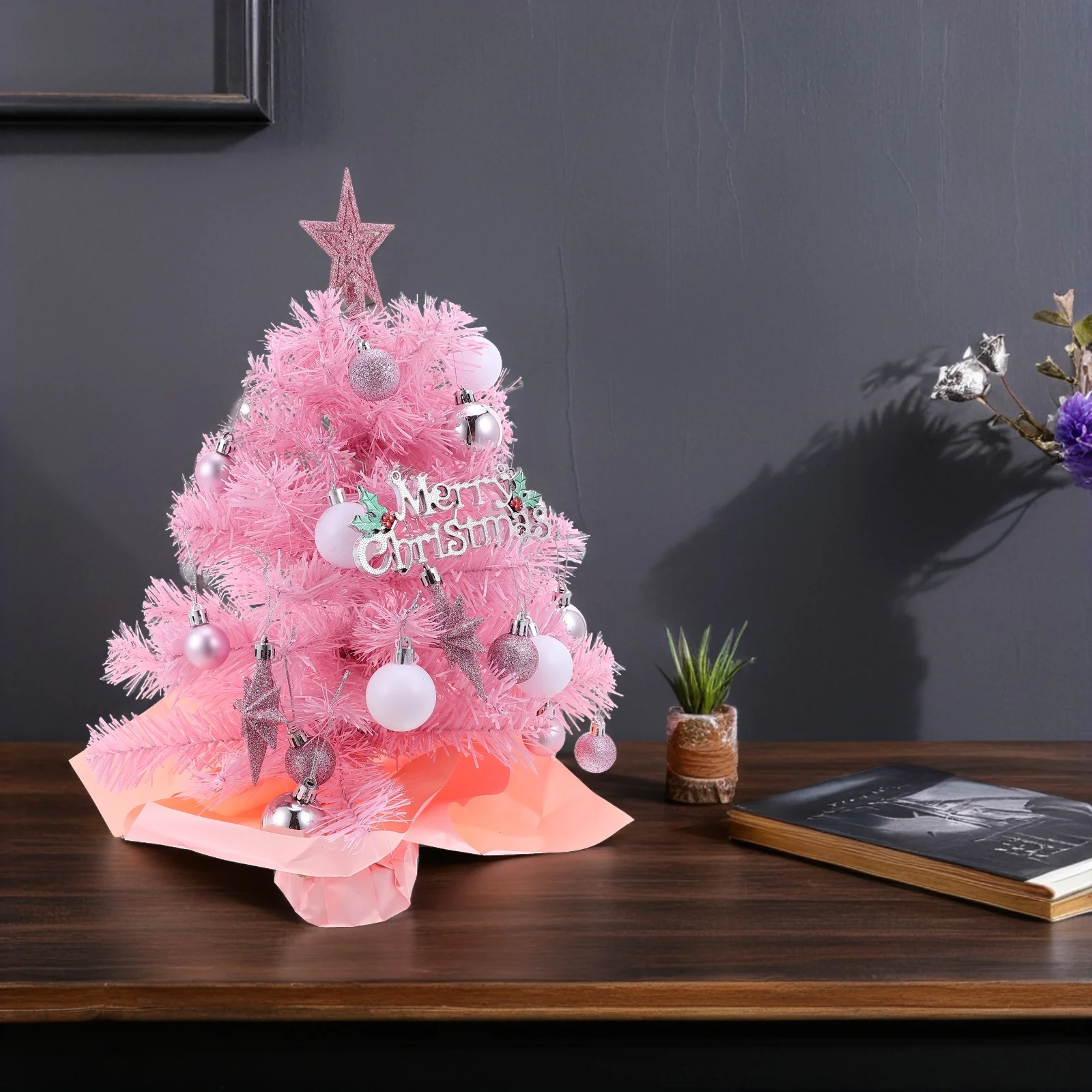 

Tabletop Christmas Tree Mini Artificial Tree with Lights Star Topper Ball Ornaments for Holiday Indoor DIY Christmas Decor