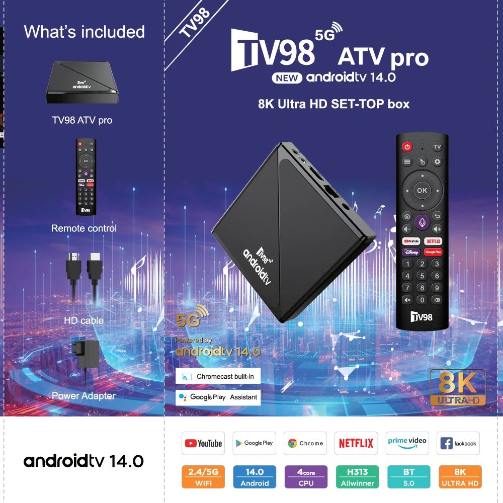 TV Box Salange Android TV98 ATV PRO 1G 2G RAM 8G 16G ROM BT 5.0 Smart IPTV BOX Allwinner H313 Quad Core USB HDMI 2.0 Compatible