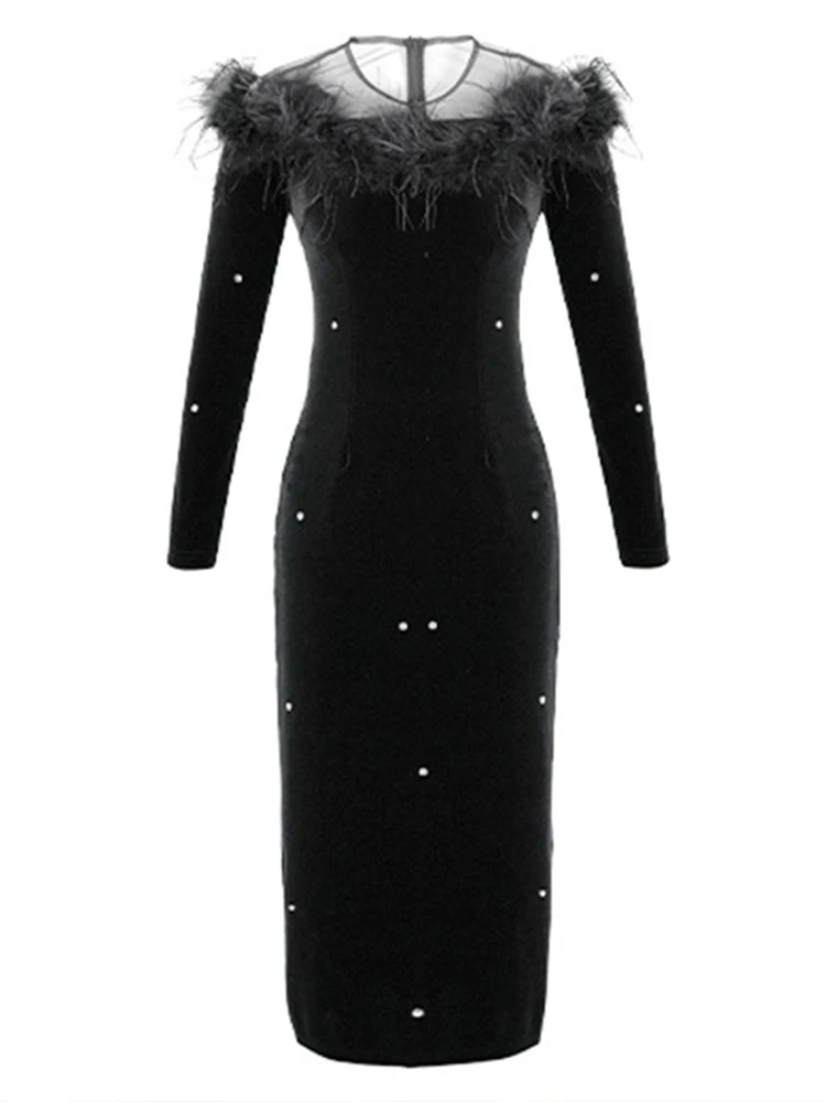 Robe de soirée rétro pour femme, velours noir, maille transparente, épissage de diamants, batterie, robe de cocktail, mode féminine, élégante, éducative, Fi.C.