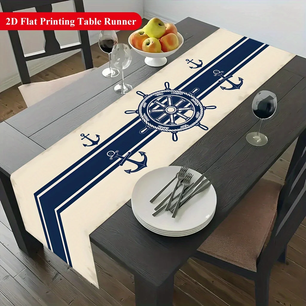 Ship Helm Anchor & Sailor Stripes Table Runner - Vibrant Festive Decor for Dining & Coffee Tables, Home Parties & Holidays